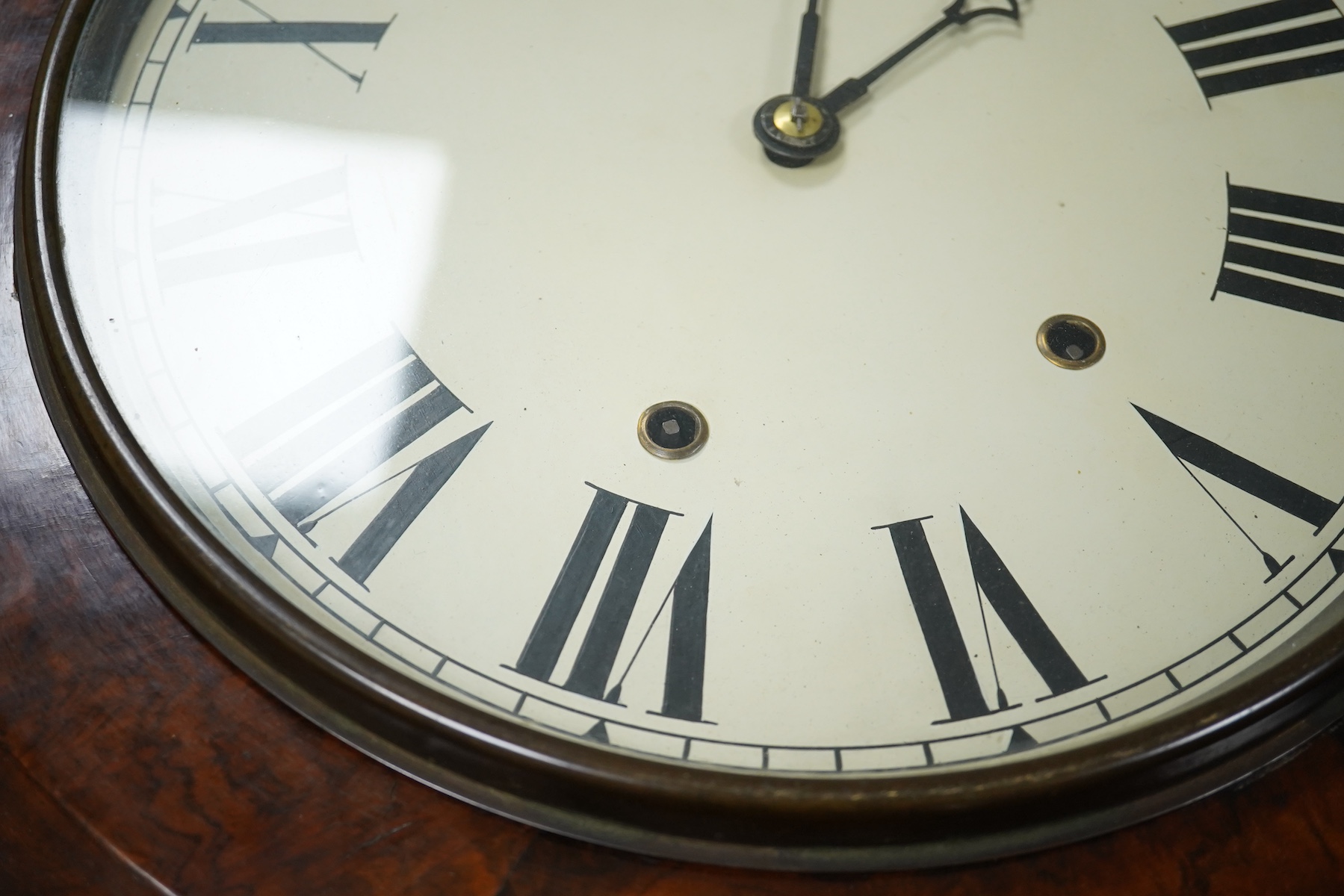 A 19th century walnut drop dial wall clock to key, 83cm high